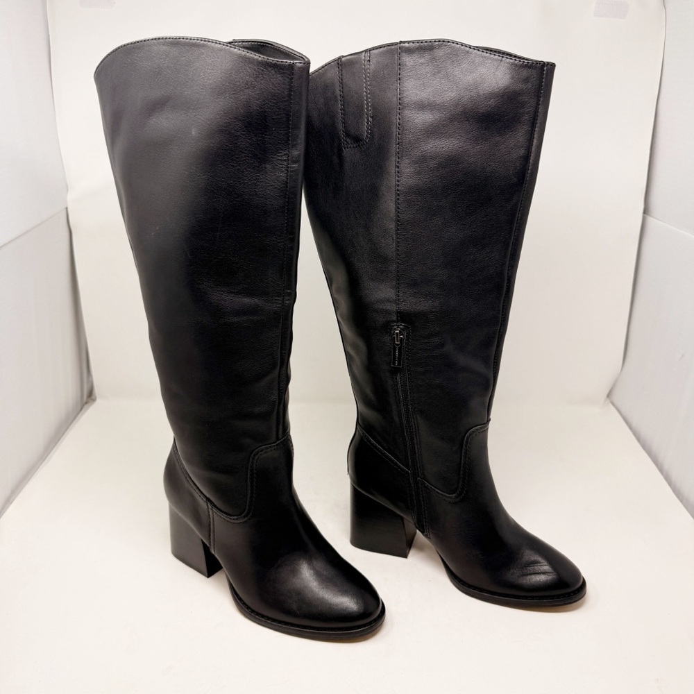 Vince Camuto Black Leather Knee-High Block Heel Boots